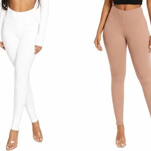 Naked Wardrobe v cut White and Tan High-Waisted Leggings